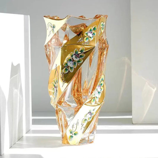 European Style Gold-plated Enamel Crystal Glass Vase, Fashionable and Luxurious Home Decoration Vase Gift, Home Decoration