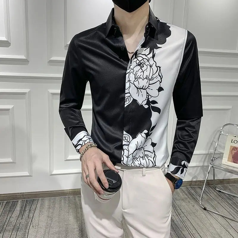 Spring Autumn New Blouse Men's Turn-down Collar Floral Printing Single Breasted Long Sleeve Shirt Fashion Casual Men's Clothing