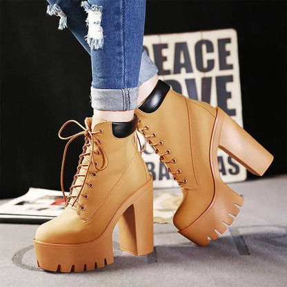 14CM Fashion Motorcycle Boots Women Leather Spring Autumn Metal Buckle High Heels Shoes Zipper brown Ankle Boots Woman Lacing