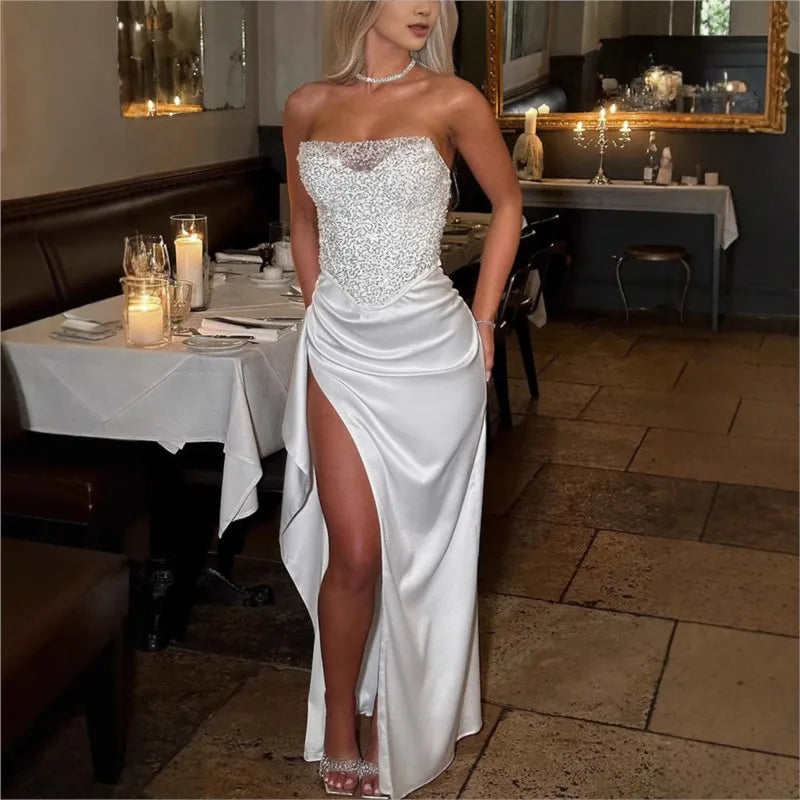 Summer New Satin Luxury Evening Dress 2025 Elegant Tube Top Sequins Long Dress Fashion Sleeveless High Split Prom Party Dress