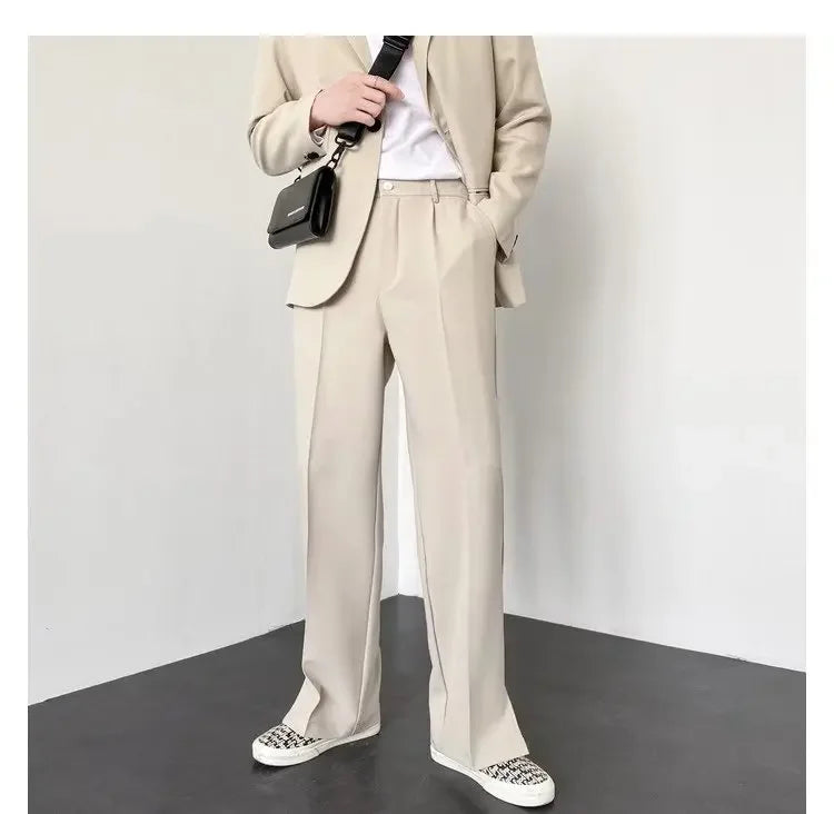 Men Casual Pants 2024 Summer New Fashion Korean Slim Suit Pants Personality Slit Wide Blazer Trousers Male Streetwear