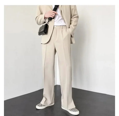 Men Casual Pants 2024 Summer New Fashion Korean Slim Suit Pants Personality Slit Wide Blazer Trousers Male Streetwear