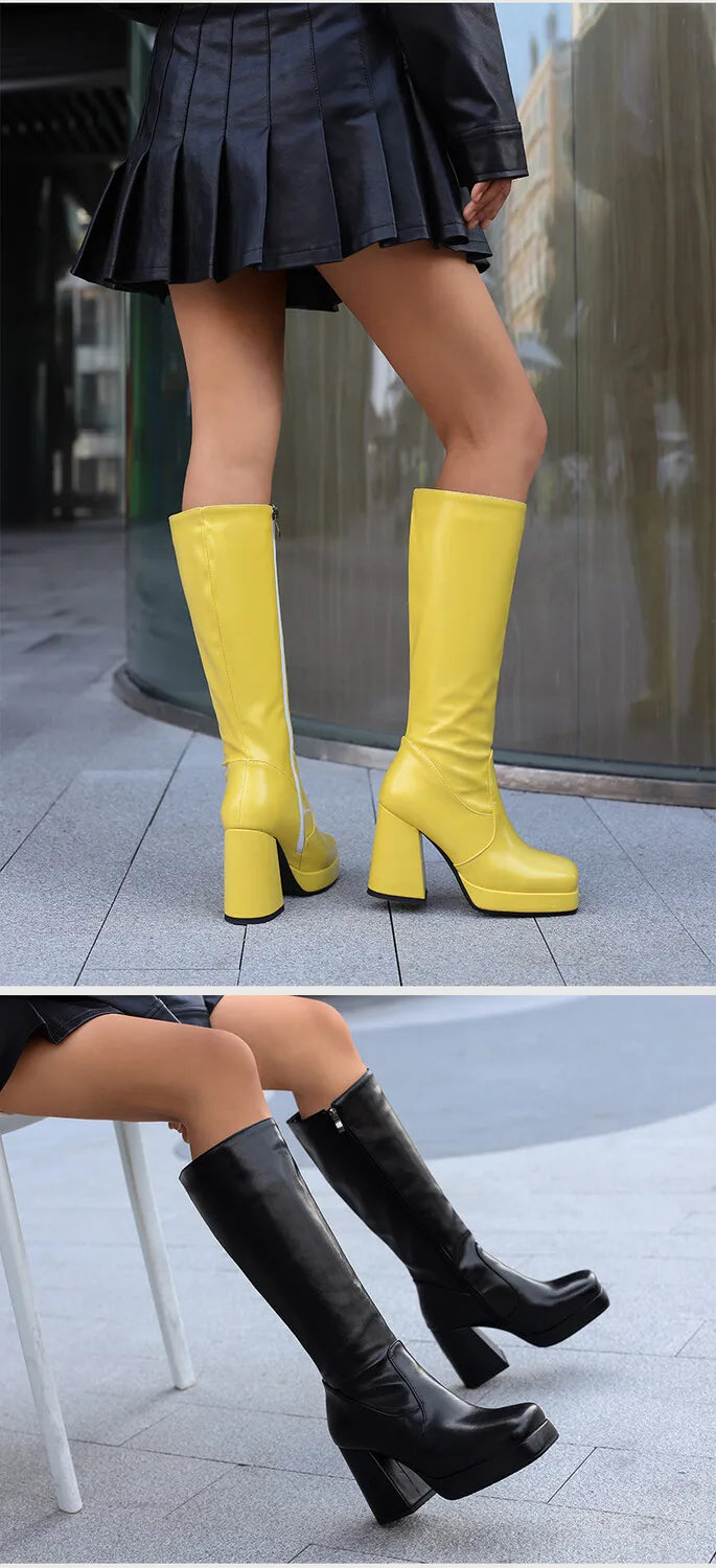 Square Toe Platform Ultra-High Thick Heel Soft PU Side Zipper Women's Knee High Boots With Plush Lining Autumn New Knight Boots