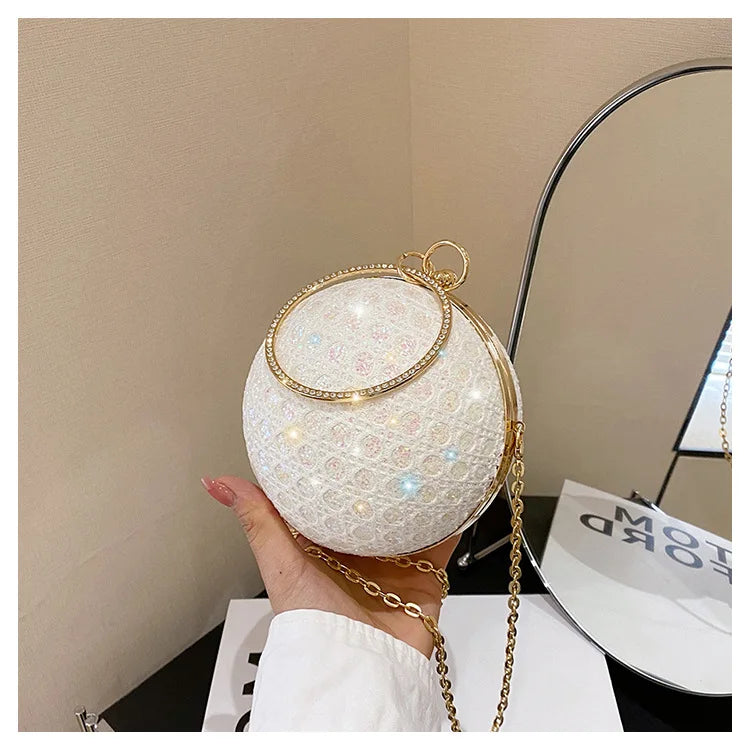 Sparkly Round Evening Purses for Women Shiny Diamonds Handbag Unusual Party Mini Small Bags Fashion Luxury Shoulder Bag Woman