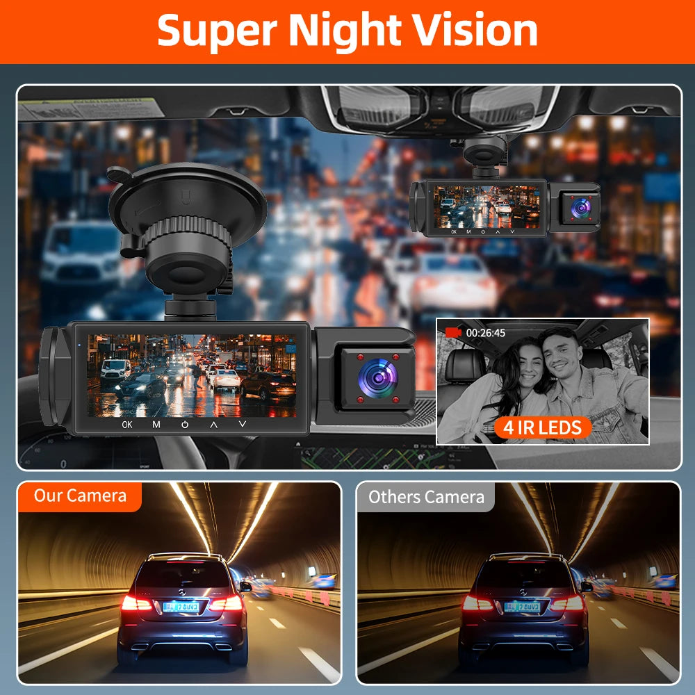 3 caméras Dash Cam 1080P caméra de recul avant et arrière Vision nocturne moniteur de stationnement voiture DVR 3 voies enregistreur vidéo de voiture avec cadeau