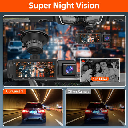 3 caméras Dash Cam 1080P caméra de recul avant et arrière Vision nocturne moniteur de stationnement voiture DVR 3 voies enregistreur vidéo de voiture avec cadeau
