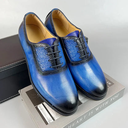 New Men's Business Leather Shoes Fashion Summer Lace-Up Blue Black Hand Carved Wedding Shoes  Office Oxford Shoes