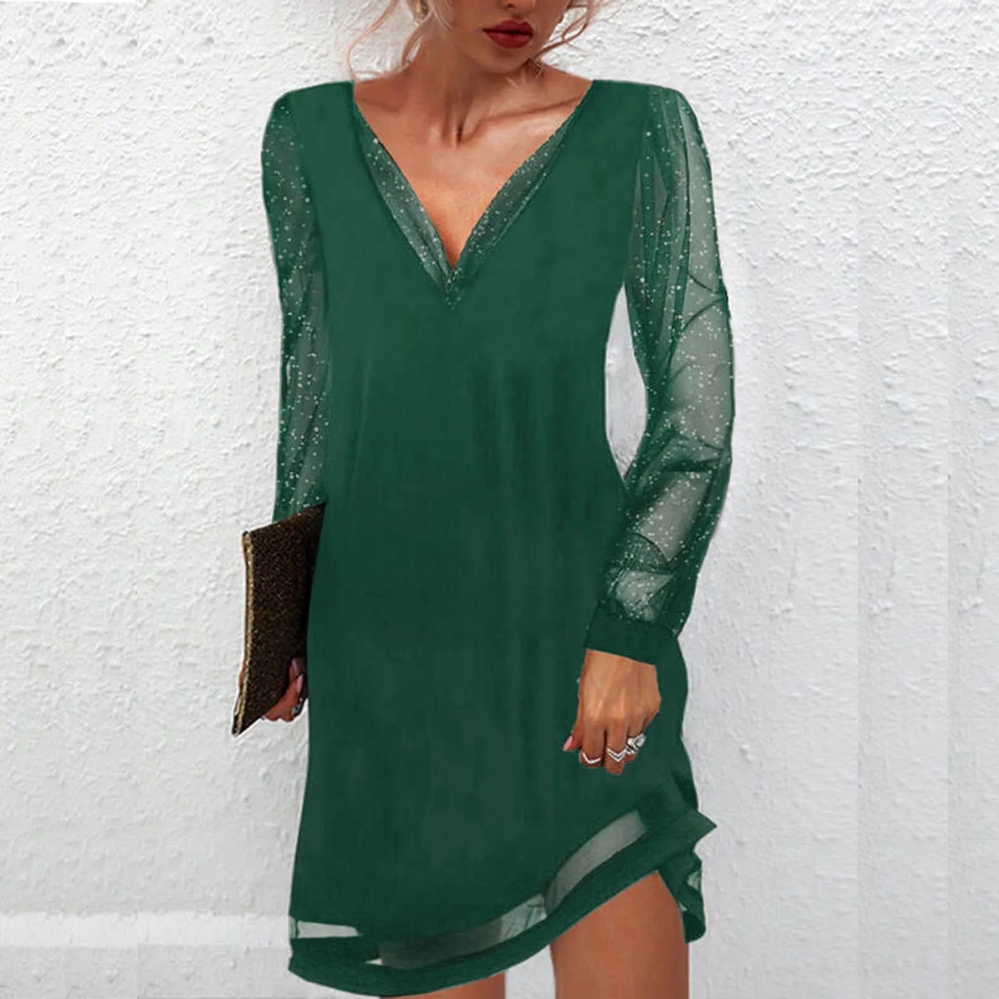 Comfy Dress Women Fashion Dress Solid Lace Splice Long Sleeve Dress Plain Ruffle Loose V-neck Pullover Mini Women Fall Fashion