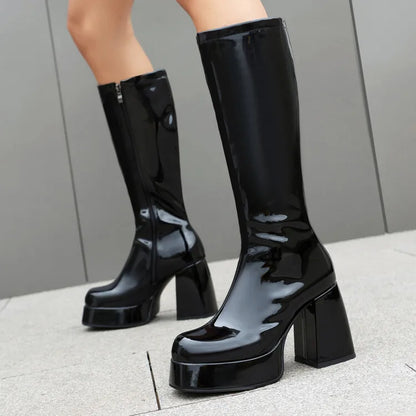 Purple Patent Leather Knee High Boots Waterproof Platform 10cm Thick Heel Bar Stage Boots 35-48  Zip Square Head Long Boots Side