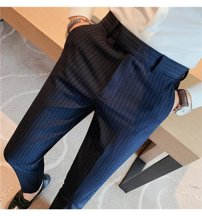 British Style Striped Slim Fit Suit Pant Men Business Casual Simple Dress Pants High Quality Social Wedding Party Trousers 38-28