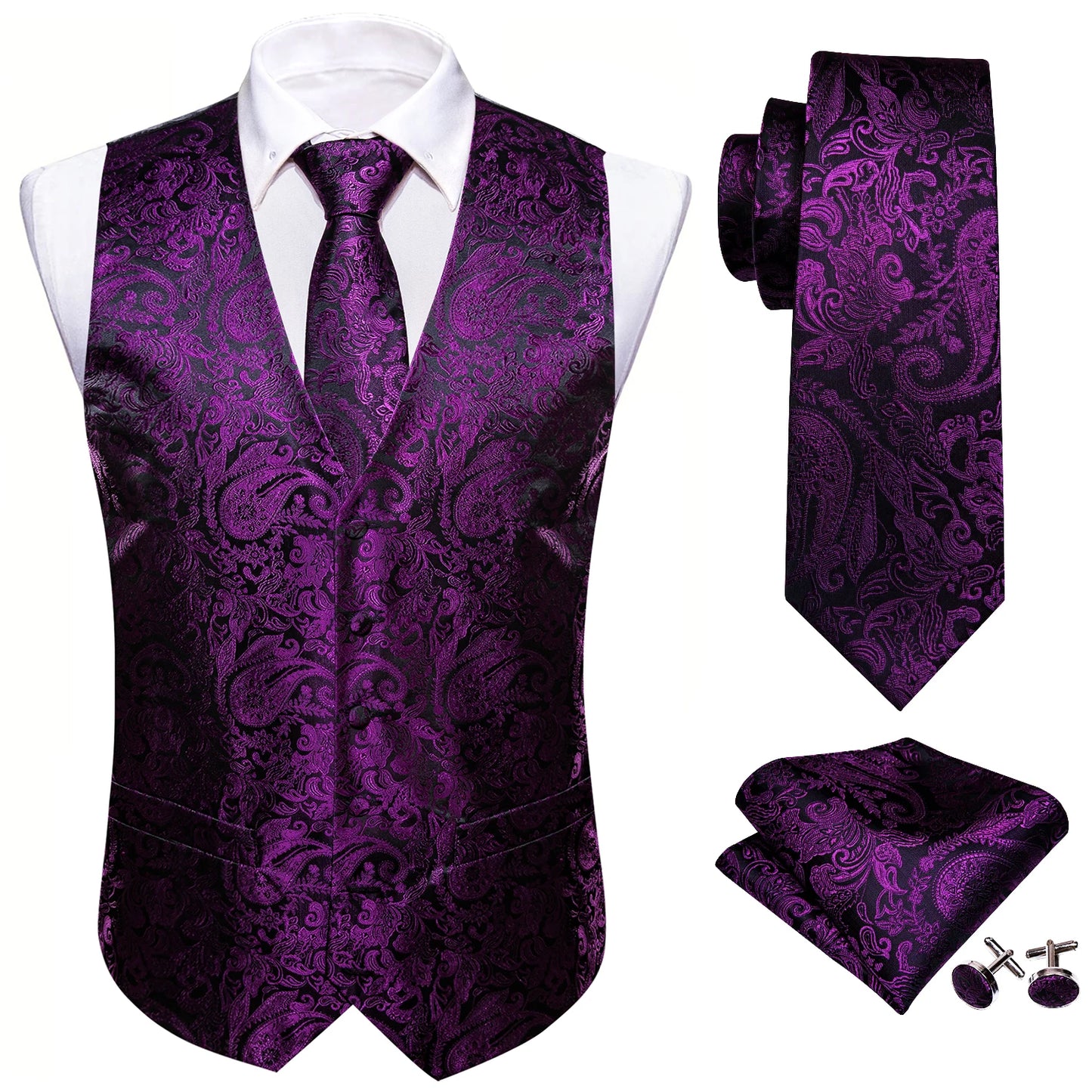 Designer Vest for Men Silk Embroidered Red Burgundy Paisley Waistcoat Tie Pocket Square Set Slim Fit Wedding Suit Barry Wang