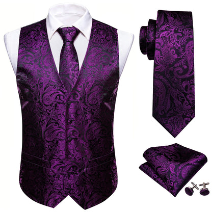 Designer Vest for Men Silk Embroidered Red Burgundy Paisley Waistcoat Tie Pocket Square Set Slim Fit Wedding Suit Barry Wang