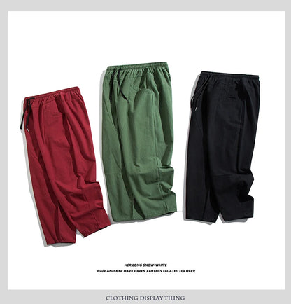 100% Cotton Ankle Length Pants Summer Casual Pants Man Trendy Japanese Loose Pants Men