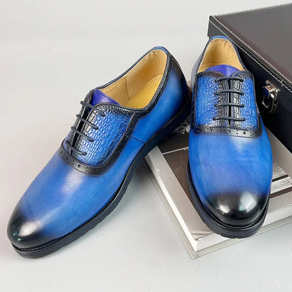 New Men's Business Leather Shoes Fashion Summer Lace-Up Blue Black Hand Carved Wedding Shoes  Office Oxford Shoes