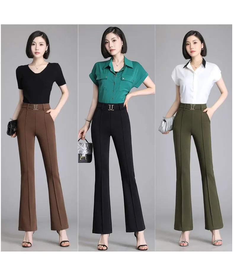 Summer Fashion Elegant Solid Color Commute High Waist Pants Office Lady Casual Elastic Spliced Flare Trousers Women's Clothing