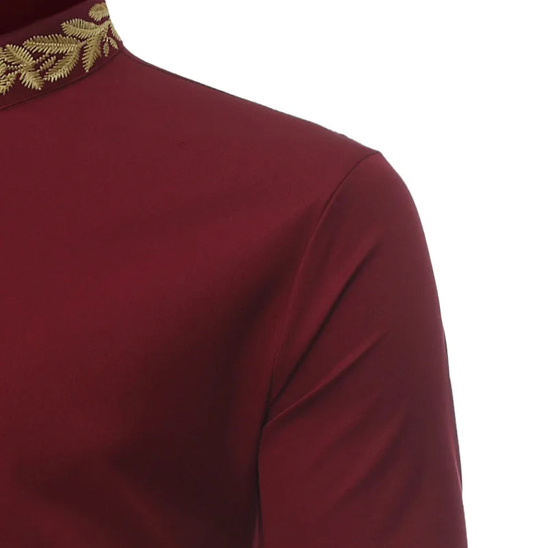 Men's Gold Embroidery Wine Red Dress Shirt For Banquet Formal Long Sleeve Wedding Shirt Male Business Dinner Prom Chemise Hombre