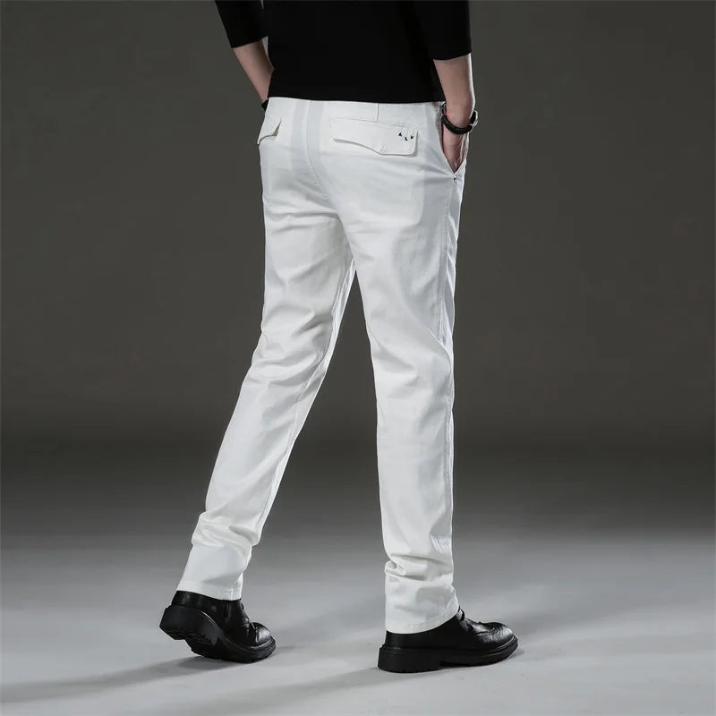 2022 Autumn New Men's Cotton Straight Casual Pants Business Fashion Solid Color Elasticity White Trousers Male Brand Clothing