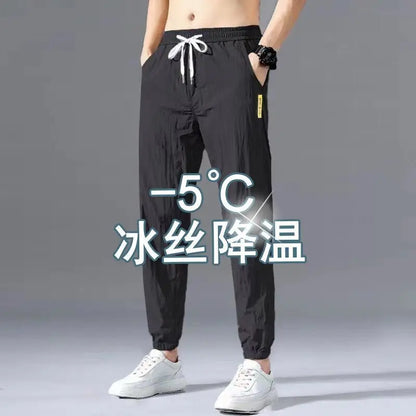 Spring Summer Men Cotton Hemp Ice Silk Pants Streetwear Fashion Male Basic Elastic Waist Loose Sports Straight Casual Trousers