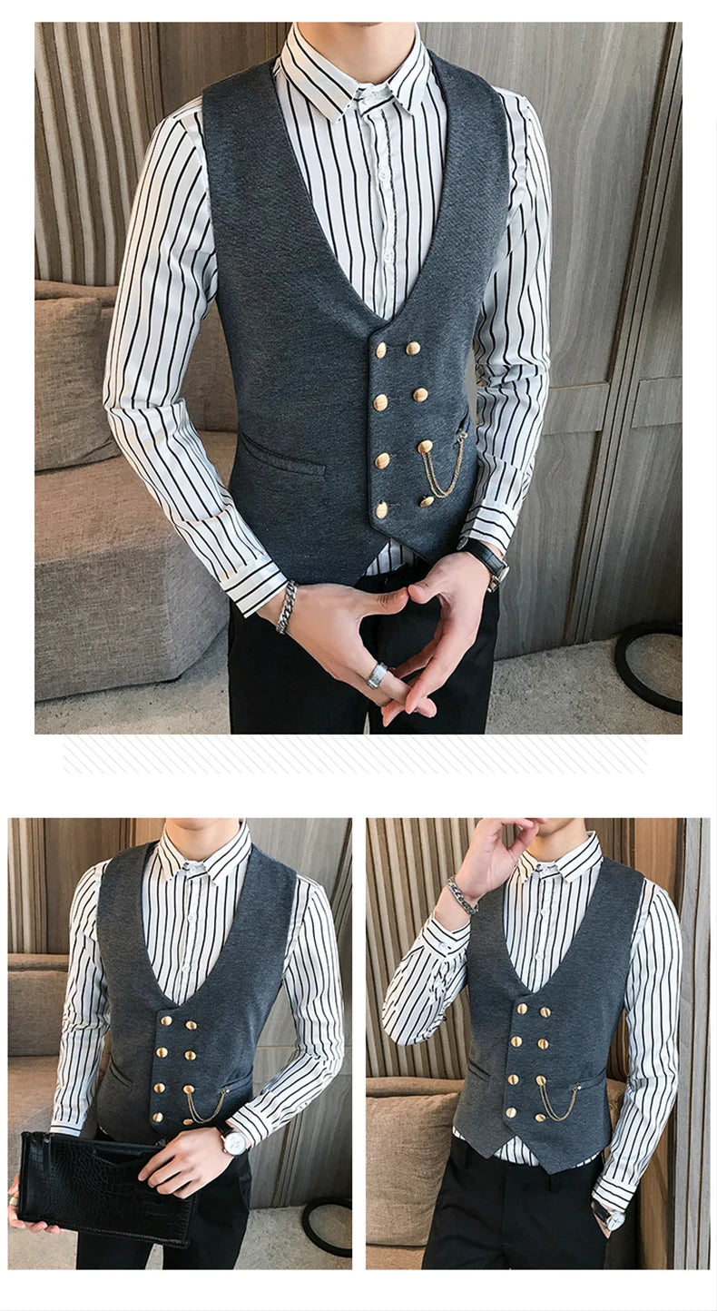 2025 Latest Style Double Breasted Men Suit Vest Gold Button Slim Fit Formal Groom Wedding Vest Streetwear Sleeveless Vest Jacket