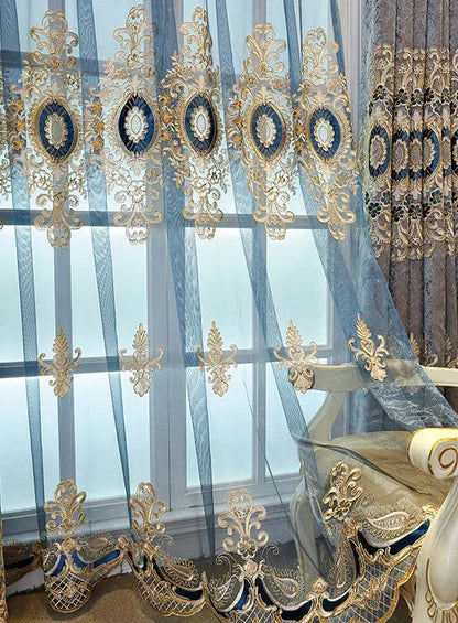 New European Style Simple light blue Thread Embroidered Curtains for Living Room Bedroom Study Blackout Curtain Customization