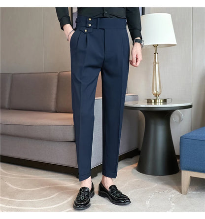 British Style Pants Men High Waist Belt Design Casual Slim Formal Office Dress Pant Men Social Wedding Party Dress Suit Trousers