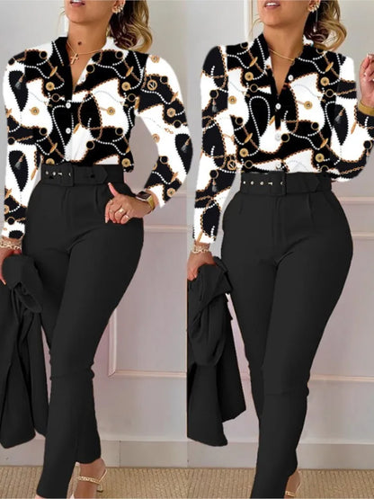 Elegant Women Two Piece Set Suits Fall New Fashion Print Long Sleeve Top Solid Color Pants Set With Belt  Blouses Female Clothes