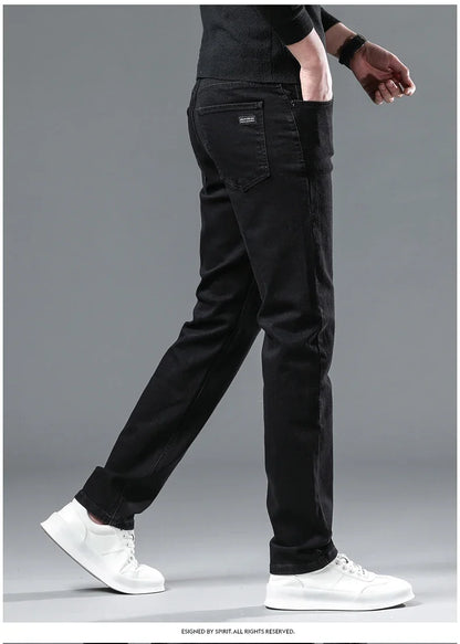 New Men's Stretch Grey Jeans Classic Slim Business Fashion Black Elasticity Denim Pants Male Brand Casual Trousers