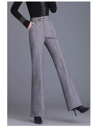 2024 Autumn Winter Women's Woolen Pants New Fashion High Waist Elastic Micro Flare Pants Slim Female Casual Wool Trousers 4XL