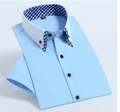 Quality Diamond Men Short Sleeve Shirt Button White Formal Solid Plaids Dress Shirts Turn Down Slim Fit Casual Camisa Masculina