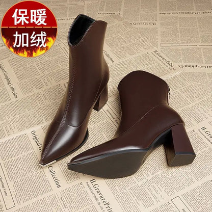 Fall/winter Women's Petite Pointed Toe Thick Heel Short Boots French Style Ankle Boots