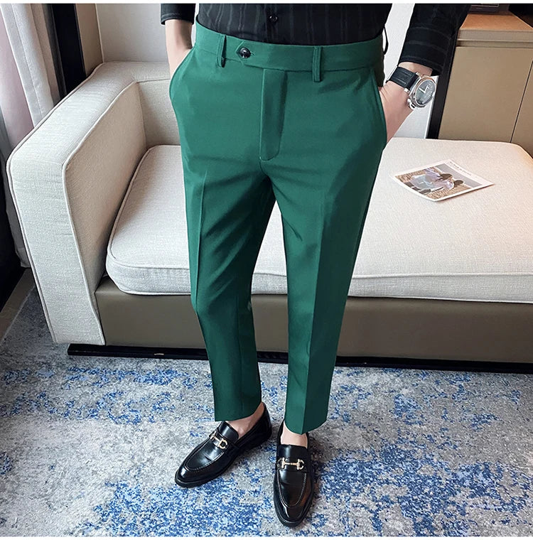 Green Elegant Elastic Mens Social Pants Skinny Cropped White Formal Stretch Pants Mens Trousers Office Slim Fit Party Club 2023