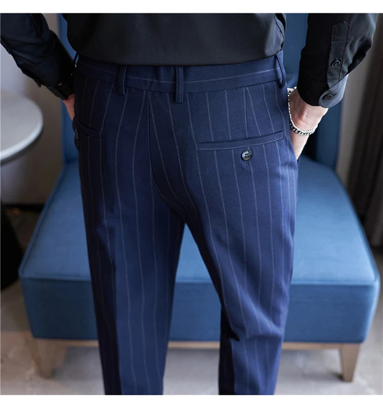 Men's Striped Suit Pants Elastic 2024 Autumn New Social Casual Trousers Slim Fit Suit Pants Business Office Wedding Men Clothing