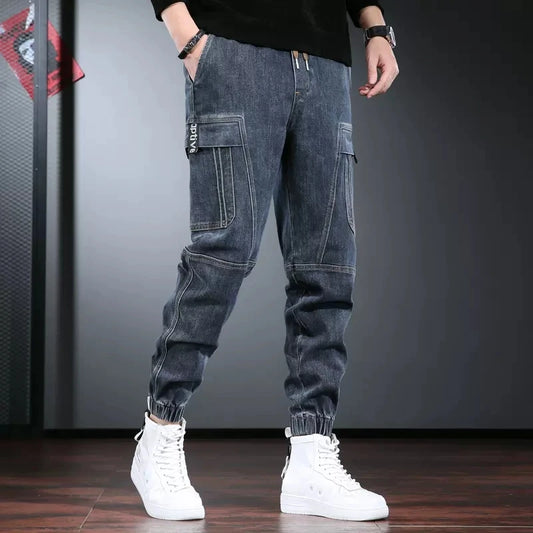 Autumn Jeans Men Baggy Cargo Pants Streetwear Hip Hop Casual Blue Gray Elastic Waist Denim Trousers CP2013