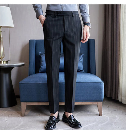 Men's Striped Suit Pants Elastic 2024 Autumn New Social Casual Trousers Slim Fit Suit Pants Business Office Wedding Men Clothing