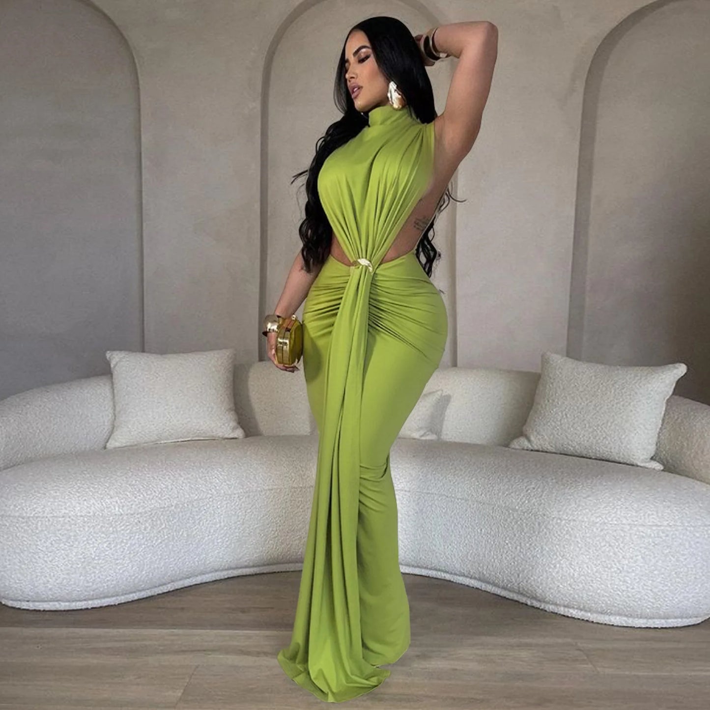 New Women O-neck High Split Ruched Stacked Bodycon Midi Maxi Dress Evening Party Club Vestidos Sexy Chic Long Dresses