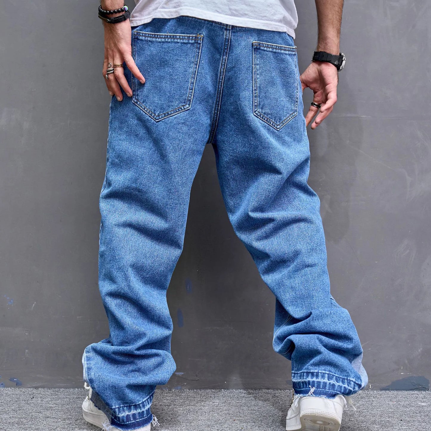 1Pc Trendy Oversize Jeans Zipper Fly/Drawstring Dressing Up Brushed Pants Thin Baggy Jeans Retro Wide Leg Man Pants Men Clothing