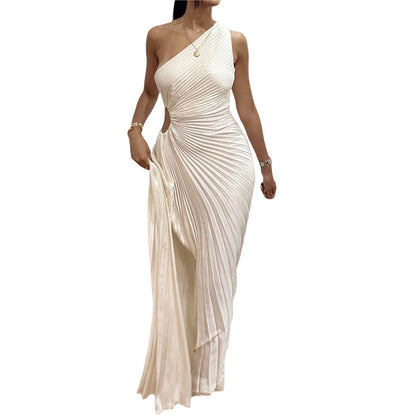 Women Elegant Long Dress Summer Sleeveless One-shoulder Pleated Hollowed Irregular Dress for Cocktail Party Beach Sundress Y2K