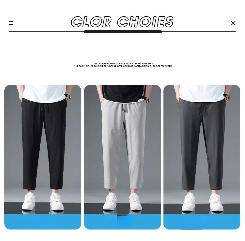 125KG Big Size Summer Ice Silk Crop Pants Men's Elastic Casual Edition Trendy Loose and Quick Drying Sports Large Crop Pants