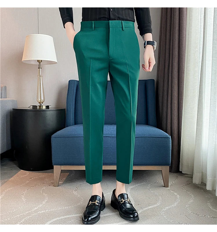 9 Color Summer Fashion Mens Suit Pants Pure Color Business Formal Pants Slim Fit Office Mens Wedding Social Ankle Long Trousers