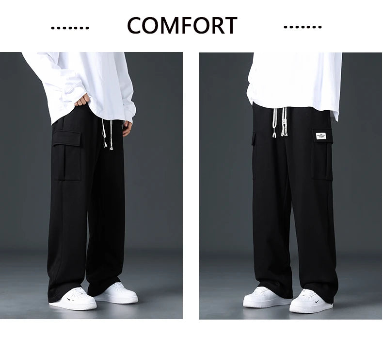 Mens Sweatpants Straight Fit Joggers for Sports and Streetwear Loose Oversized Drawstring Long Pants Men Multi-pocket Pants