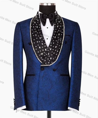 Blue Jacquard Crystals Men Suits 2 Piece Blazer+Black Trousers Wedding Tuxedo Male Prom Coat Customized Formal Office Jacket