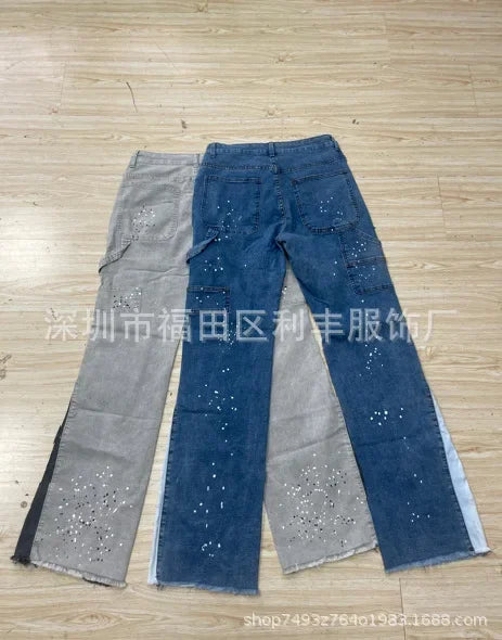 Men's Fashion Jeans Work Pants, European and American Fashion Workwear Elastic Patchwork Denim Layered Flared Pants S-XXL