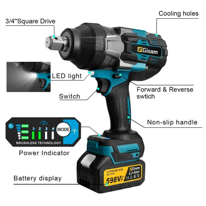 Gisam 3100NM Brushless Electric Wrench 3/4" Socket Cordless Wrench Screwdriver Car Repair Power Tool for Makita 18V Battery