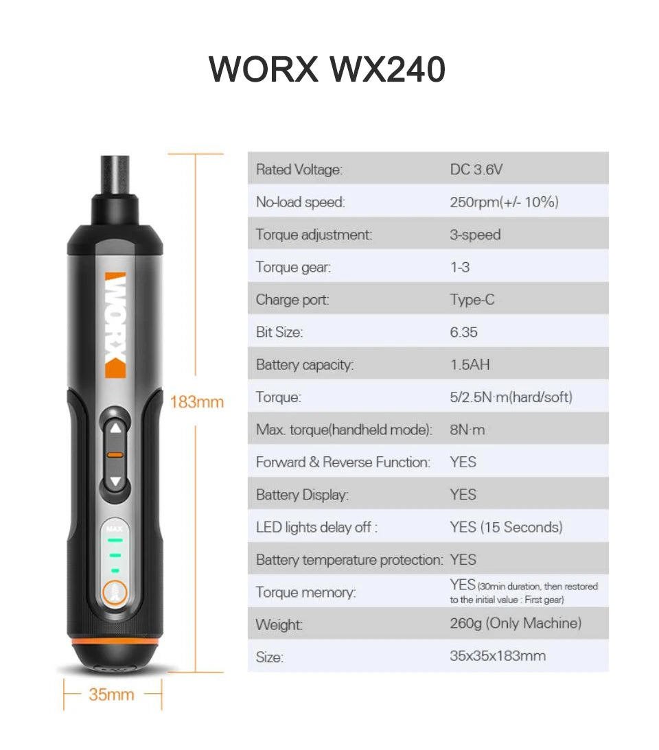 Worx 4V Mini Electrical Screwdriver Set WX242 WX241 WX240 Smart Cordless Electric Screwdrivers USB Rechargeable Hand Drill Tools