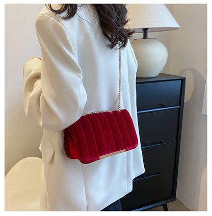 Neon Red Flap Chain Square Bag Velor Leather Fashionable Dating Gift Shoulder & Crossbody Bag With Chain Strap For Women