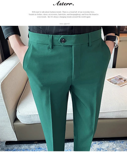 Green Elegant Elastic Mens Social Pants Skinny Cropped White Formal Stretch Pants Mens Trousers Office Slim Fit Party Club 2023