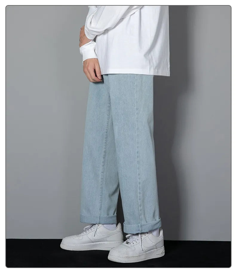 New Korean Men's Casual Long Jeans Classic Man Straight Denim Wide-leg Pants Solid Color Light Blue Grey Black 3XL