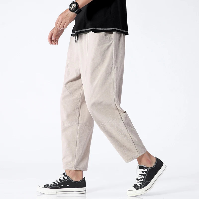 100% Cotton Ankle Length Pants Summer Casual Pants Man Trendy Japanese Loose Pants Men