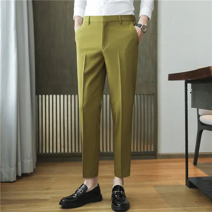 9 Color Summer Fashion Mens Suit Pants Pure Color Business Formal Pants Slim Fit Office Mens Wedding Social Ankle Long Trousers