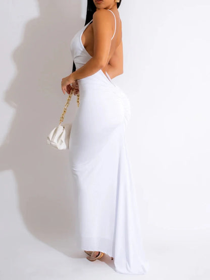 Women V-Neck Backless Ruched Spaghetti Strap Party Dress